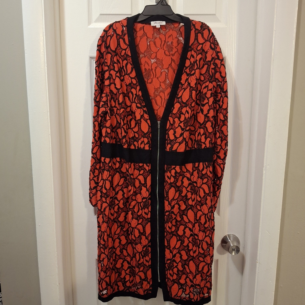 Monif C. Red Floral Lace Dress with Black Trim